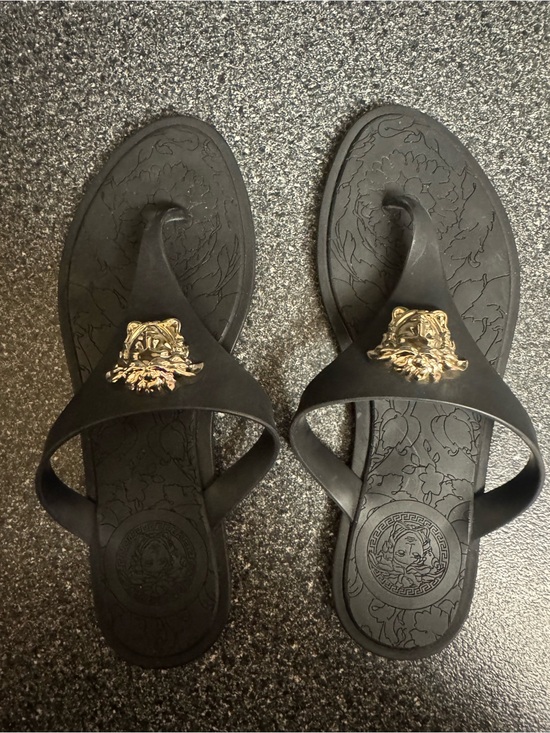 Versace Shoes - Versace Black and Light Gold Flap Sandals Box Label